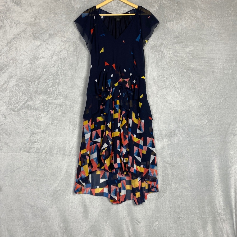 Maison Cinqcent Navy Blue Geometric Abstract Tiered Ruffle High Low Dress L